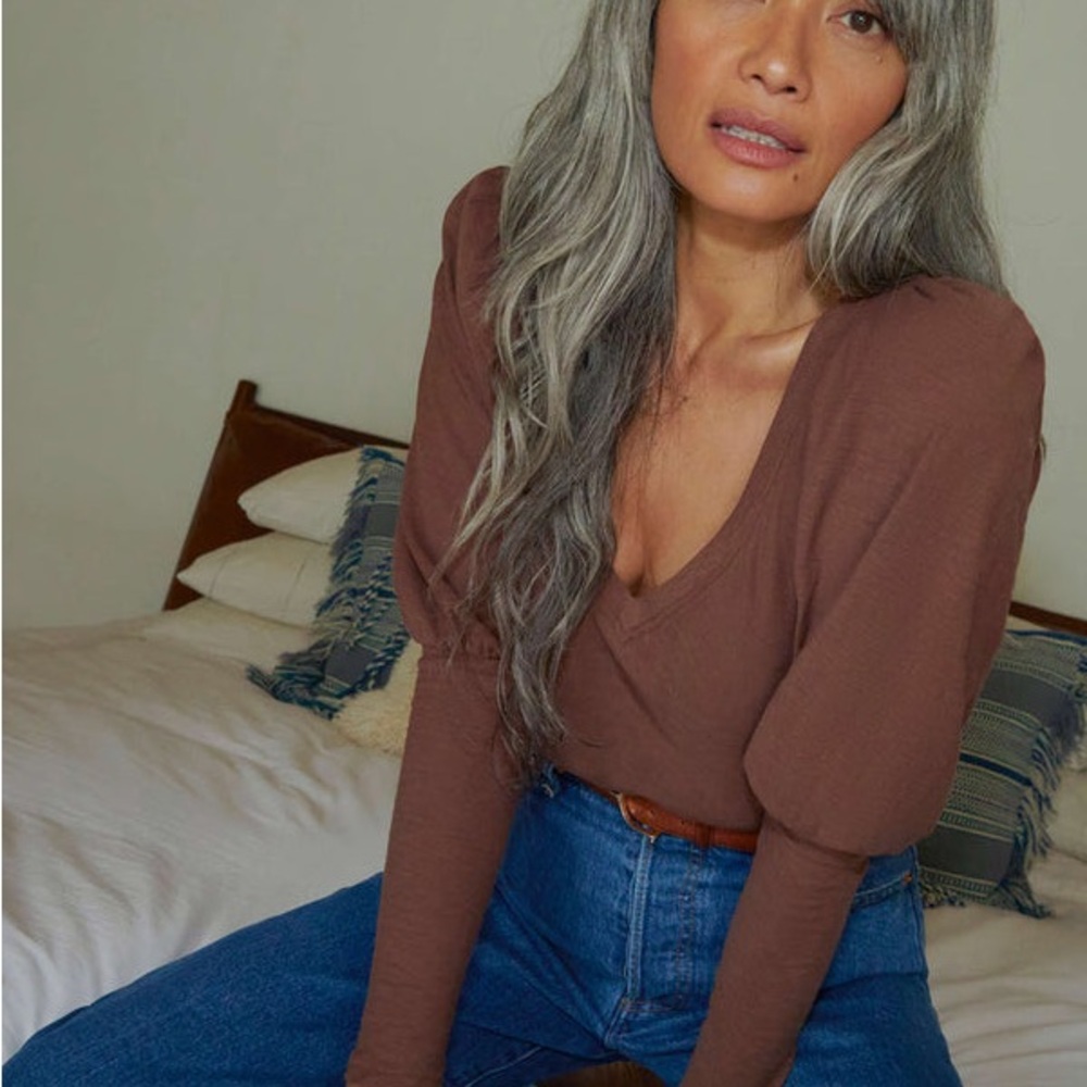 nation emilia drama sleeve v neck brown